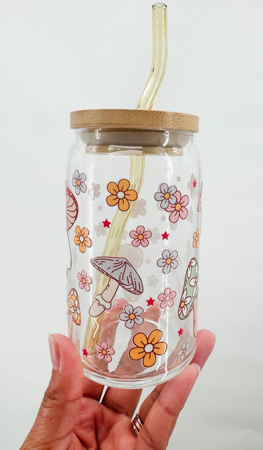 Mushrooms and Flowers glass cup