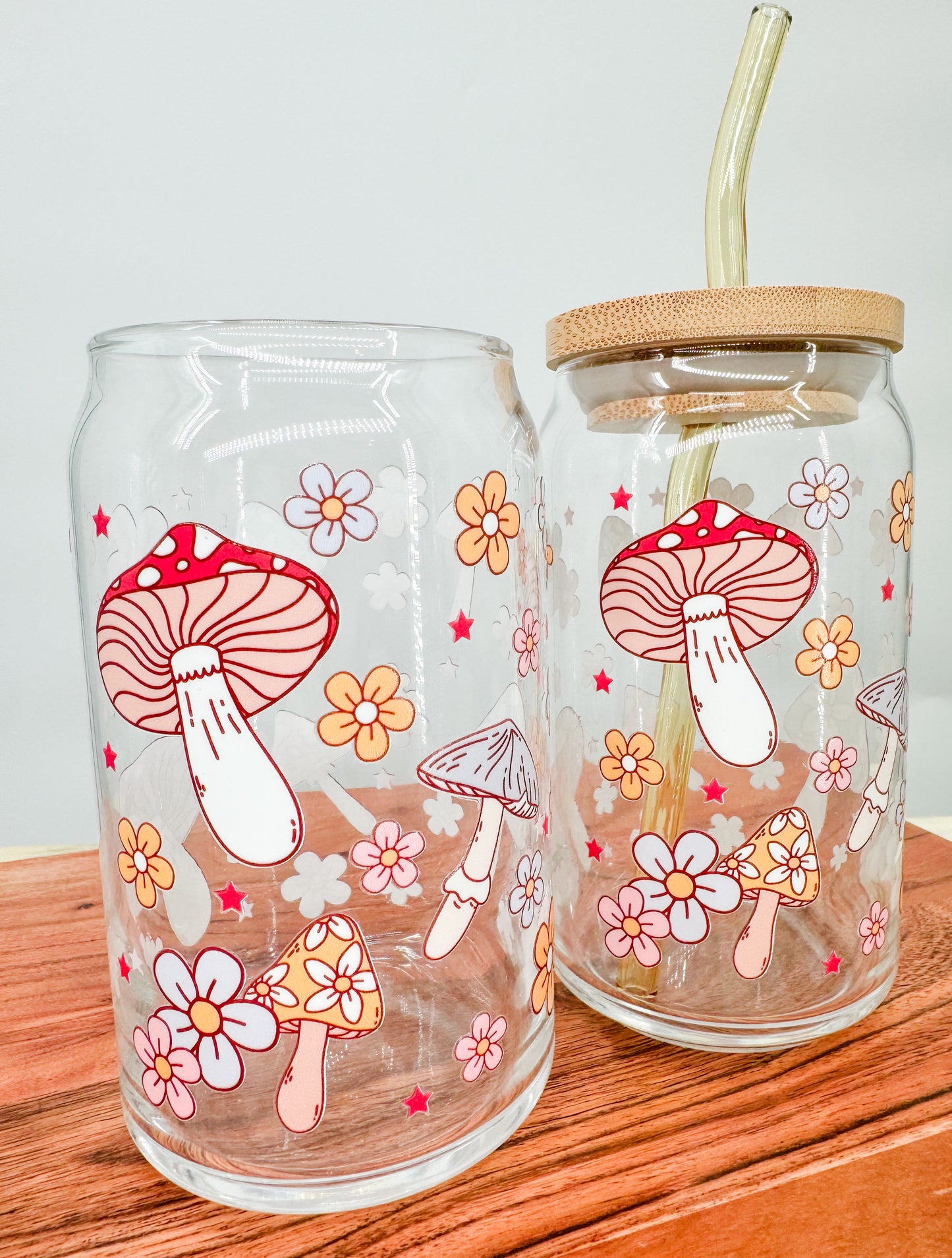 Mushrooms and Flowers glass cup