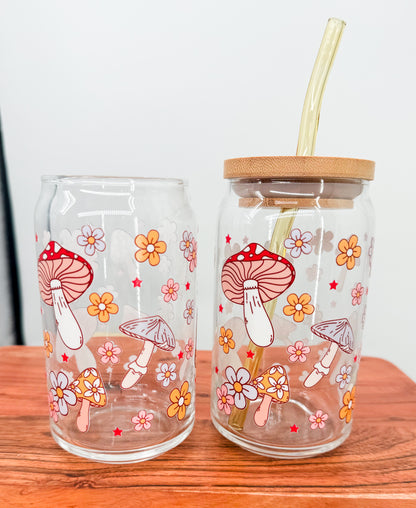 Mushrooms and Flowers glass cup