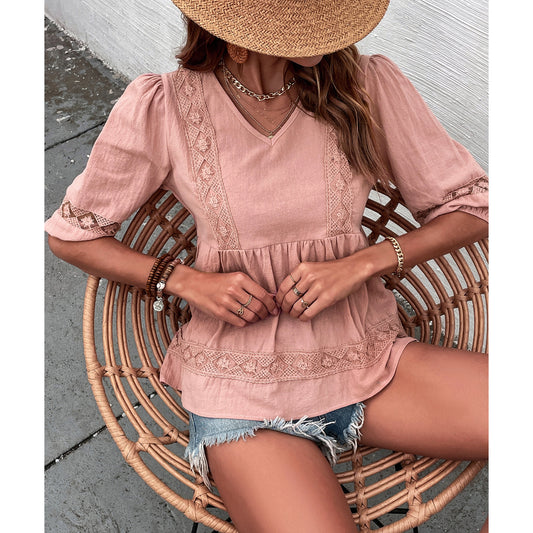 Summer Crew Neck Half Sleeve Lace Pleated Panel Doll Shirt