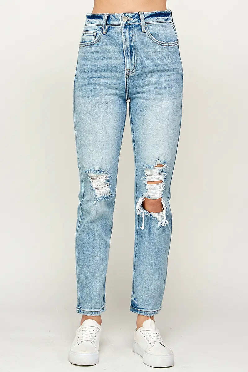 High Rise Distressed Straight Jeans