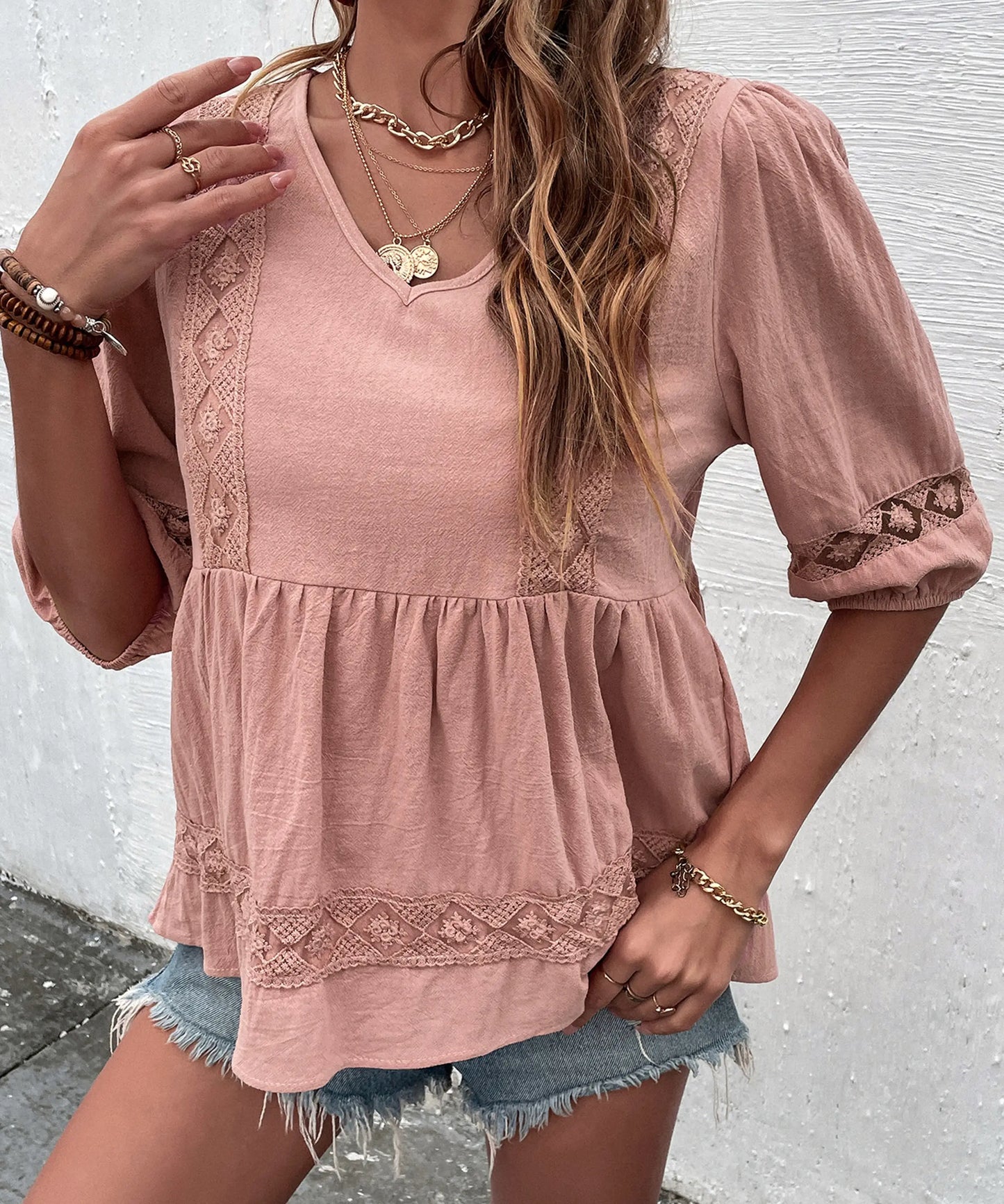 Summer Crew Neck Half Sleeve Lace Pleated Panel Doll Shirt