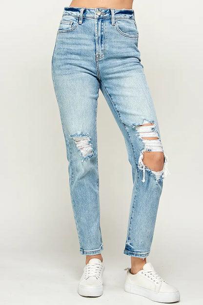 High Rise Distressed Straight Jeans