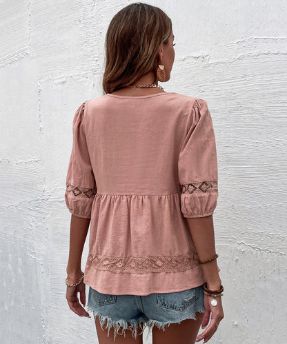 Summer Crew Neck Half Sleeve Lace Pleated Panel Doll Shirt