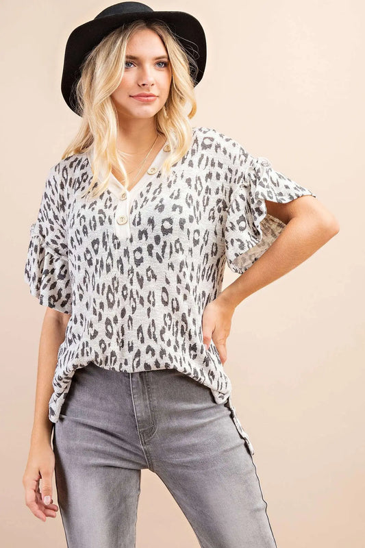 Front Button Leopard Top